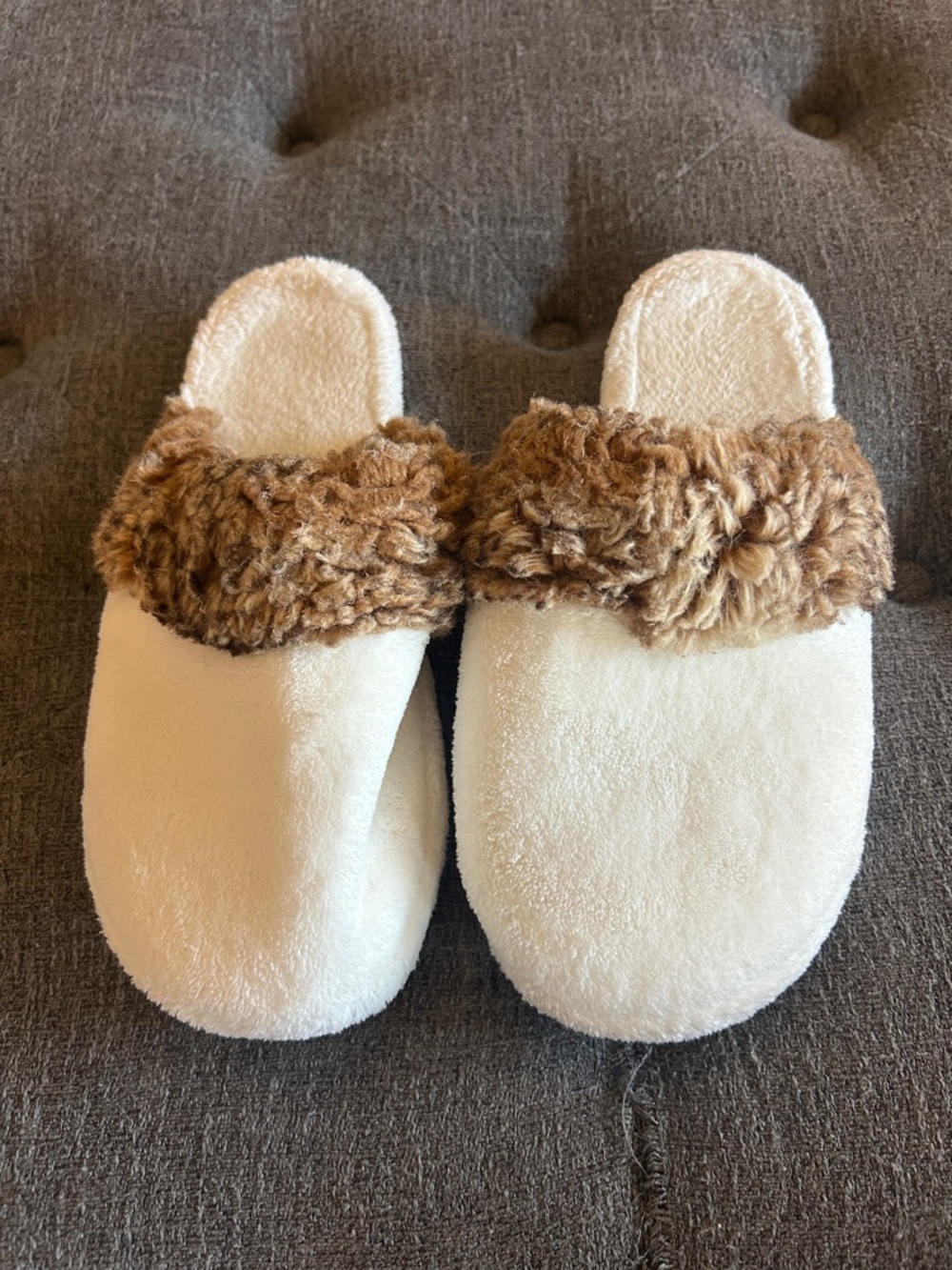 Pottery Barn White Slippers with Brown Faux-Fur Trim